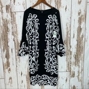 NWT INC Black White Scroll Shift Dress Large